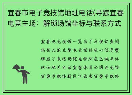 宜春市电子竞技馆地址电话(寻踪宜春电竞主场：解锁场馆坐标与联系方式速览)